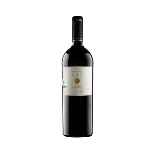 Botella de vino tinto de reserva, botella negra con una etiqueta blanca con texto plateado y escudo dorado.